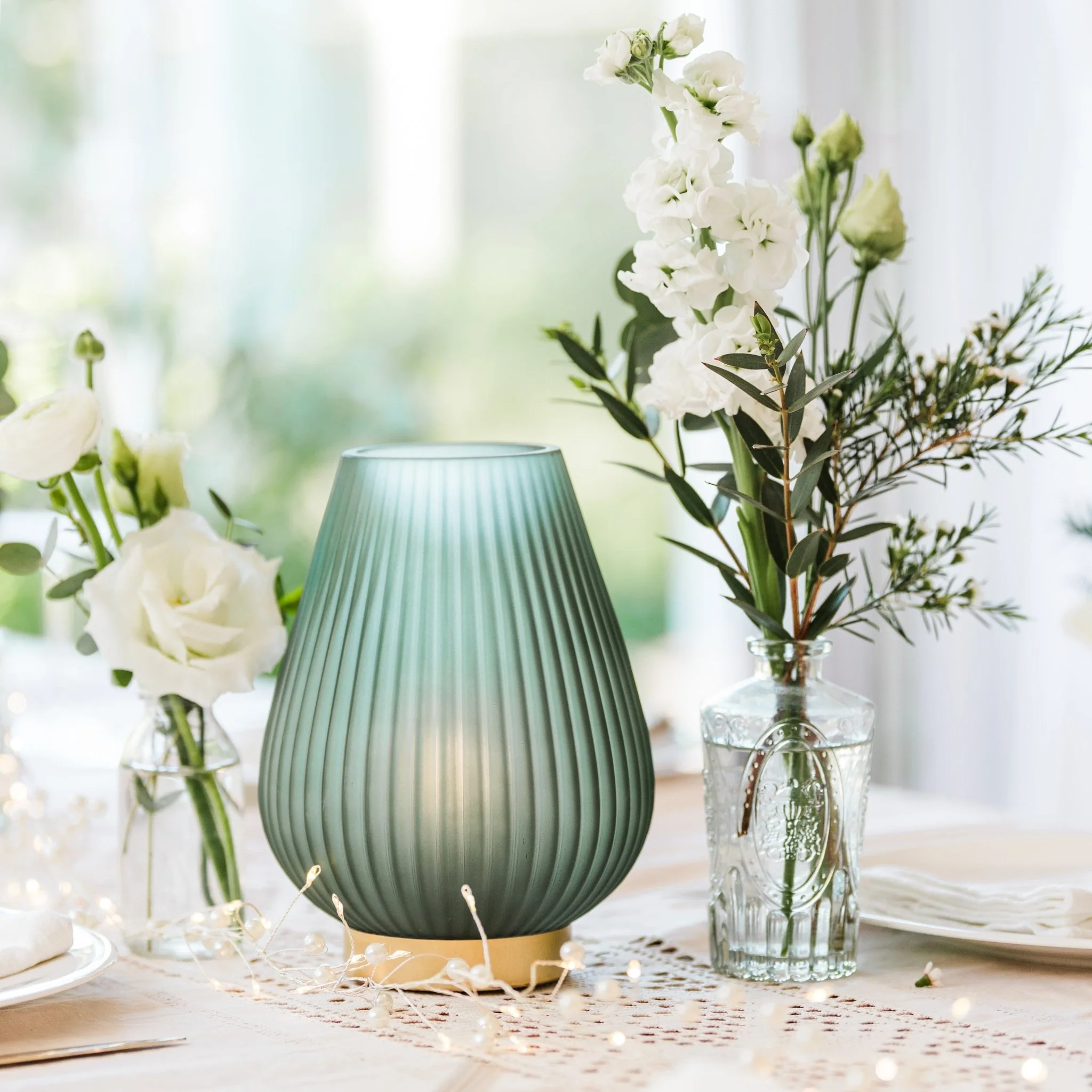 Emerald Green Opaque Glass Fluted Battery Lamp - Image 3