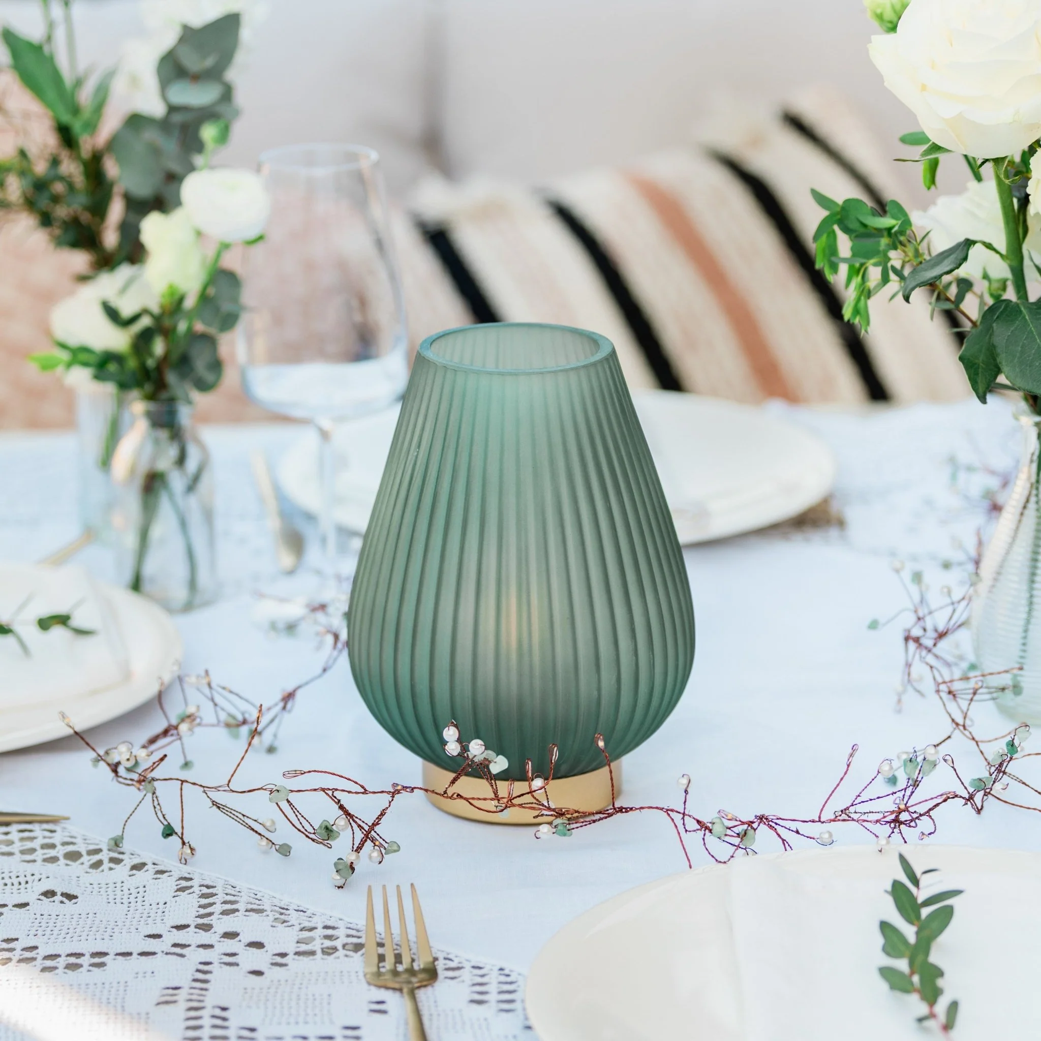 Emerald Green Opaque Glass Fluted Battery Lamp - Image 5