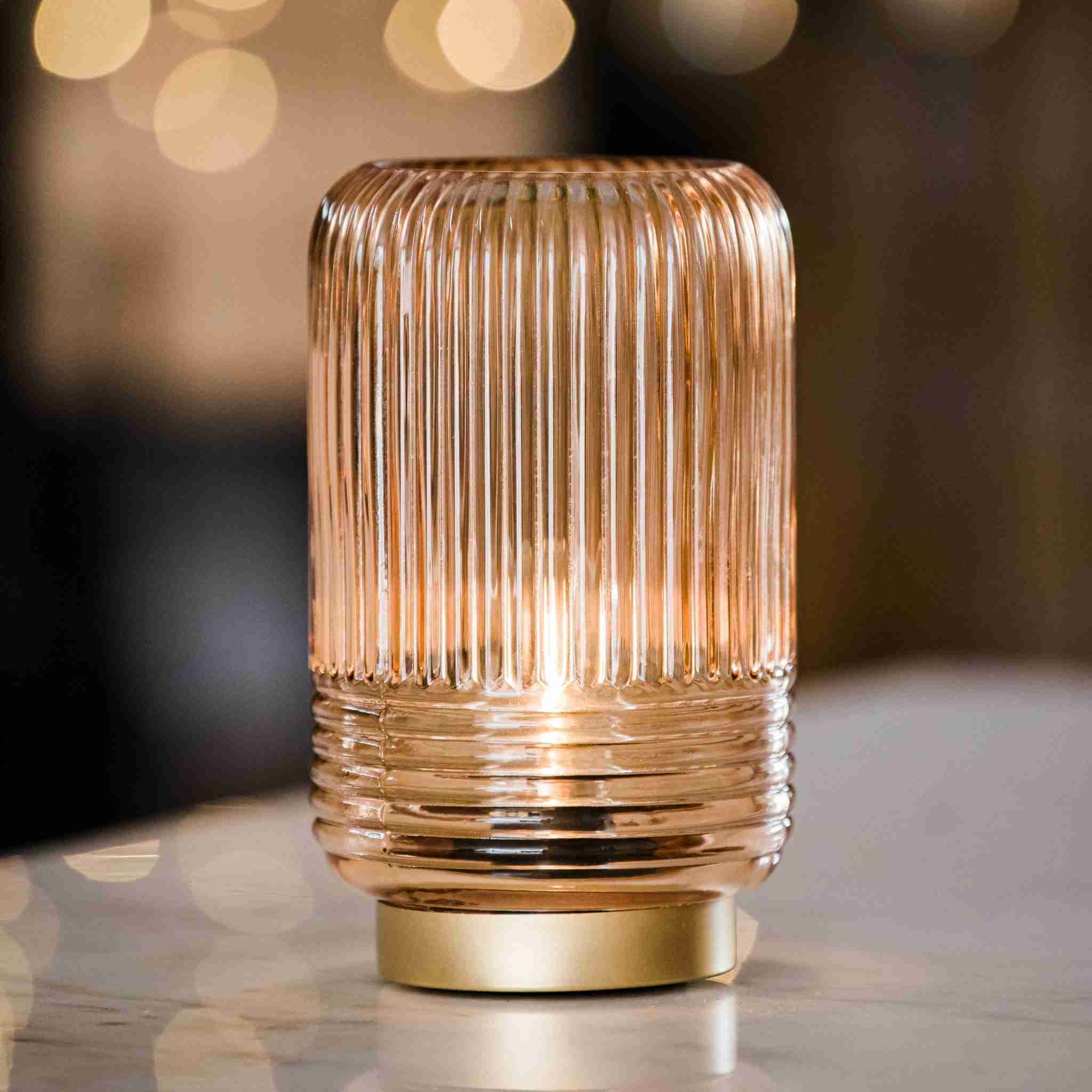 Cordless Tan Ribbed Glass Lamps - Image 7