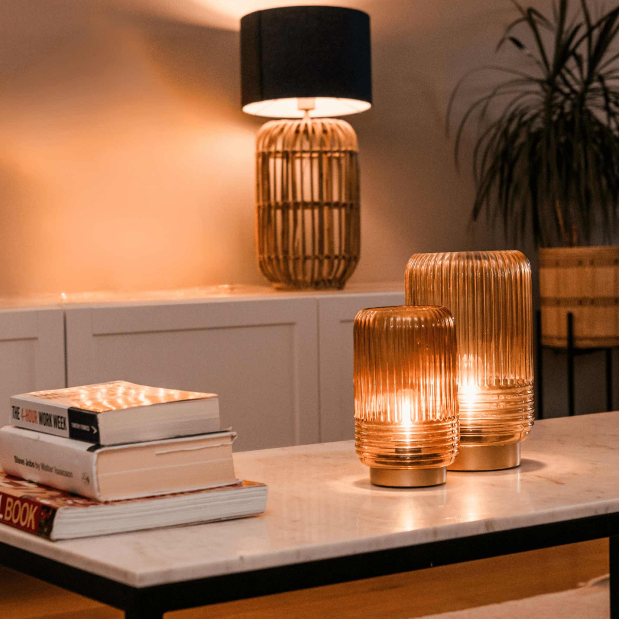 Cordless Tan Ribbed Glass Lamps - Image 9