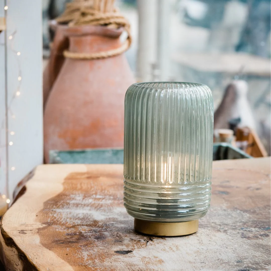 Cordless Tiffany Blue Ribbed Glass Lamps - Image 8