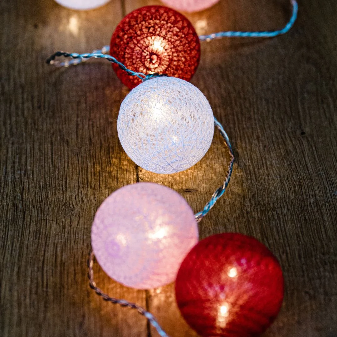 Pink, White & Red Cotton Ball Fairy Lights - Image 7